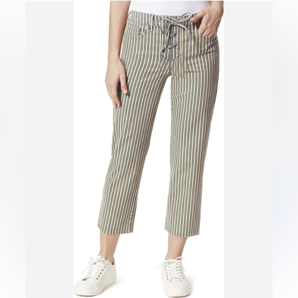 Frayed High Rise Straight lace-up closure Cropped striped Jeans